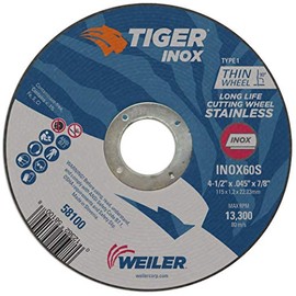 Weiler 58100 4-1/2" x 0.045" Tiger INOX Type 1 Thin Cutting Wheel, INOX60S, 7/8" A.H. (Pack of 25)