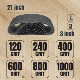 POWERTEC 3 x 21 Inch Sanding Belts, 2 Each of 120/240/400/600/800/1000 Grits Silicon Carbide Sandpaper, 3x21 Sanding Belt for Portable Belt Sander, Woodworking, Paint Sanding, Metalworking (46007)