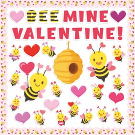 CPicdn 140Pcs Valentine's Day Bee Bulletin Board Classroom Decorations Bee Mine Valentine Heart Accent Cutouts Name Tags Border Trim Party School Classroom Chalkboard Door Wall Decor