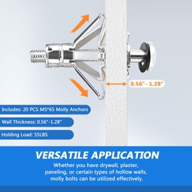 AKKTOL 20pcs M5*65 mm Heavy Duty Zinc Plated Steel Molly Bolts Hollow Wall Anchor