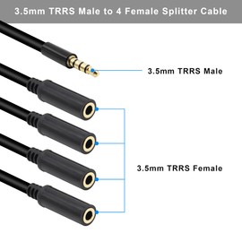 Xilaghy 3.5mm Headphone Splitter 1 to 4-Ways 3.5mm (1/8") TRRS 4-Pole Gold Plated Male to 4-Female Stereo Jack Splitter Audio Cable for Headphone and Microphones(50cm/20in)