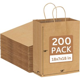 JET PAPER BAGS - 18x7x18 Inch [200 Pcs] Large Brown Paper Bags with Handles Ideal for Takeout, Grocery, Goody, Retail, Party, Gifts, Weddings - Recyclable Kraft Paper Gift Bags with Handles