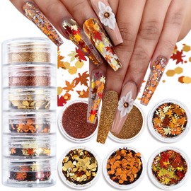 Fall Nail Art, 6 Boxes Fall Leaves Nail Glitters 3D Gold Maple Leaf Nail Sequins with Glitter Powder Gold Yellow Red Autumn Leaves Nail Art Flakes Thanksgiving Nails Design for Acrylic Nails