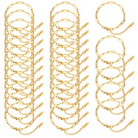 NIMBLOOM 30 Pcs 18K Gold Plated Paperclip Chain Bracelets, 6.3Inch 304 Stainless Steel Adjustable Links with Lobster Clasps, DIY Jewelry Making Supplies for Women, Bulk Craft Findings Accessories Kit