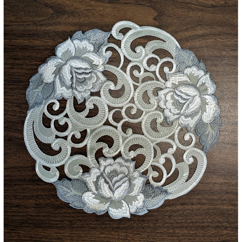 Doily Boutique Round Doily with Cutwork Gray and Silver Roses