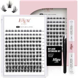 Higu clace Lash-Clusters-Kit, 144Pcs Eyelashes cat eye with Bond and Seal Waterproof, Soft Lashes at Easy to Apply Home (R-08 Kit)