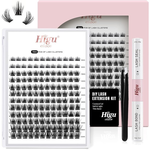 Higu clace Lash-Clusters-Kit, 144Pcs Eyelashes cat eye with Bond and