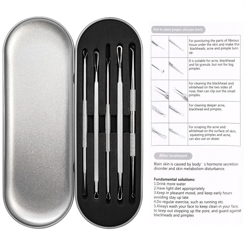 com-four Blackhead Remover Set - 5 Piece Stainless Steel Facial