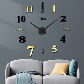 3 in 1 FERRISA Large 3D Frameless Wall Clock 47 Inch, Modern Silent DIY Wall Clock for Living Room Bedroom Office Decor, One Black Movement + 2 Digital Plates Included（Black +Gold）