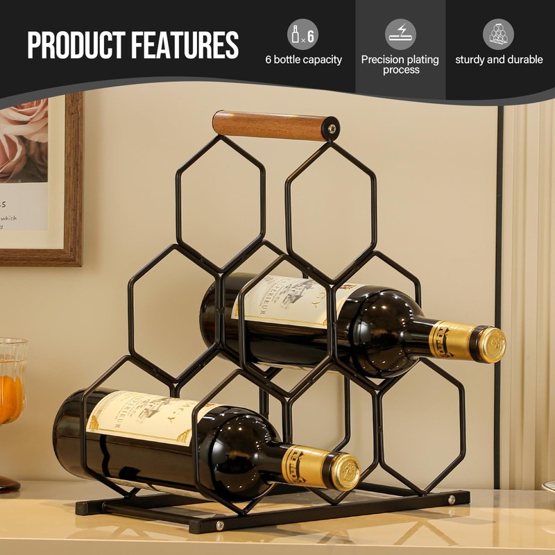Drincarier Small Black Wine Rack 6 Bottle Holder Countertop -