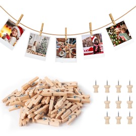 Pack of 160 Small Clips for Hanging Photos, 2.5 cm Mini Clips with 1 m Jute Wire, Solid Wood Pegs, Small with 10 Mounting Nails for Photo Stands, Crafts, Place Card Holders