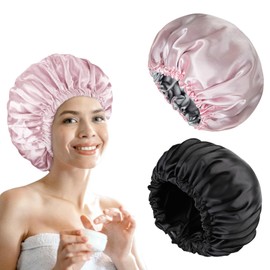 Pack of 2 Satin Hair Caps for Women, Satin Hair Cap, Double-Sided, Sleep Cap, Women, Adjustable Satin Hair Cap for the Night for Sleeping, Showering, Make-Up, Travel, Reusable (Pink, Black)