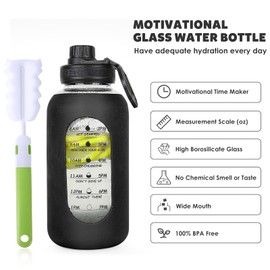40oz Glass Water Bottle with Handle Lid Time Marker Motivational Sport Water Jug with Silicone Sleeve Water Flask Canteen Wide Mouth Water Bottle for Gym Workout Travel Office Home Everyday Hydration