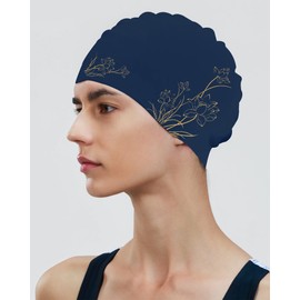 Womens Swimming Cap, Swim Cap Long Hair, Teen Girls Swim Hat (Navy Blue)