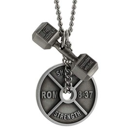 Shields of Strength Men's Fitness Gym Weight Plate and Dumbbell Pendant Combo Necklace Inscribed with Romans 8:37 and Luke 1:37 Bible Verses for Weightlifters and Athletes - Christian Gifts