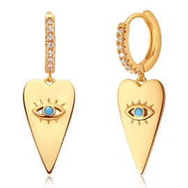 GUEMER Gold Heart Evil Eye Huggie Hoop Earrings 14K Gold Plated Dainty Evil Eye Dangle Drop Tiny Chic Cute Small Trendy Ear Sleeper Huggy Eyes Hoop Earrings for Women