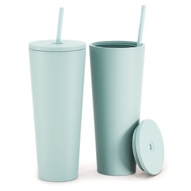 Maars Classic Acrylic Tumbler with Lid and Straw | 24oz Premium Insulated Double Wall Plastic Reusable Cups - Matte Seaglass, 2 Pack