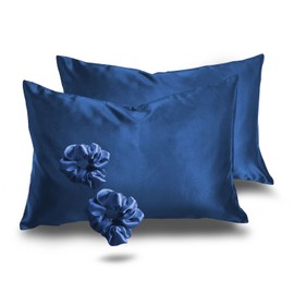 Alexandra's Secret Satin Bed Zipper Pillowcase with Hair Scrunchie for Hair and Skin, 2 Pieces, Gift Set, Luxury Silky Sleep Pillowcases with Zipper (Standard, Navy)