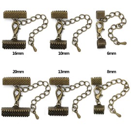 30 Pairs of Ribbon Crimps Cord Clamp Ends with Lobster Clasp and Extension Chain, Various Sizes Bracelet Bookmark Caps Leather Pinch Crimps Clasps with Box for DIY (Gold)