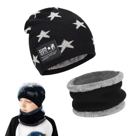 May Huang Children's Winter Hat, Beanie Hat and Tube Scarf, with Fleece Lining, Hat Scarf Sets, Winter Thick Fleece Thermal for Boys and Girls, Perfect Fit for 5-14 Years, black