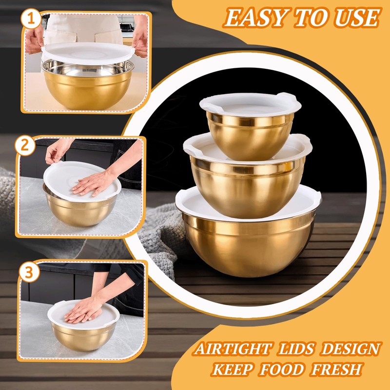 7 Pack Gold Mixing Bowls Set with 5 PCS Kitchen