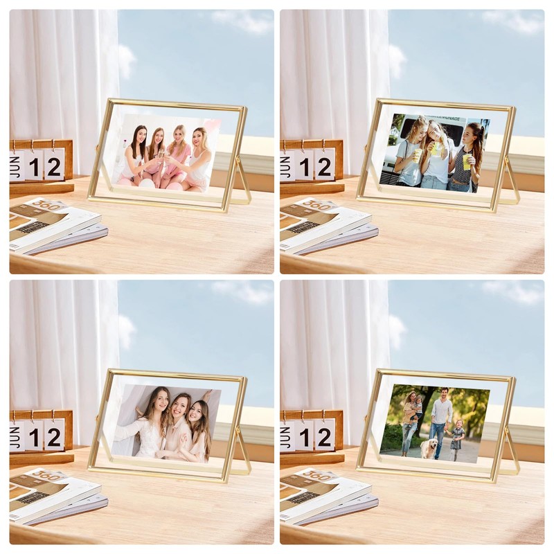 Odowalker 2 Pcs Gold Floating Picture Glass Photo Frame, Glass
