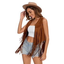 Women's Fringe Vest 60s 70s Hippie Vest Sleeveless Cowgirl Western Faux Suede Tassel Leather Jacket Hippie Party (US, Alpha, Small, Regular, Regular, Brown)