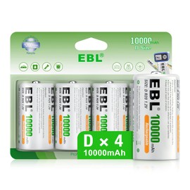 EBL EBL Rechargeable D Batteries, 10000mAh Ni-MH High Capacity D Cell Battery New Retail Package, Pack of 4