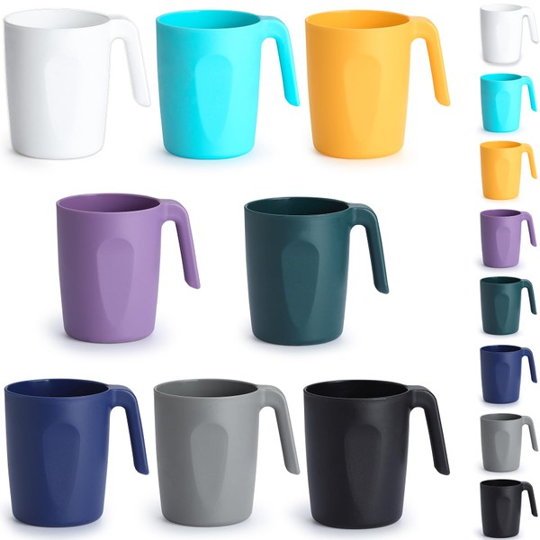 Berglander Plastic Coffee Cups Set of 8 450 ml, Multi-Colour Plastic Coffee Cups with Handles, Reusable, Easy to Carry, Ideal for Home, Garden, Picnic, Camping, Outdoor