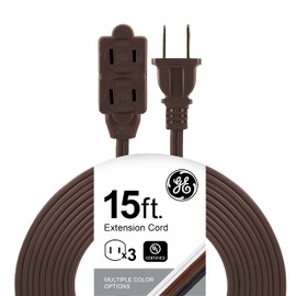 GE 3-Outlet Extension Cord with Multiple Outlets 15 Ft Extension Cord Power Strip 2 Prong 16 Gauge Twist-to-Close Safety Outlet Covers Indoor Extender Cord UL Listed Brown 51957