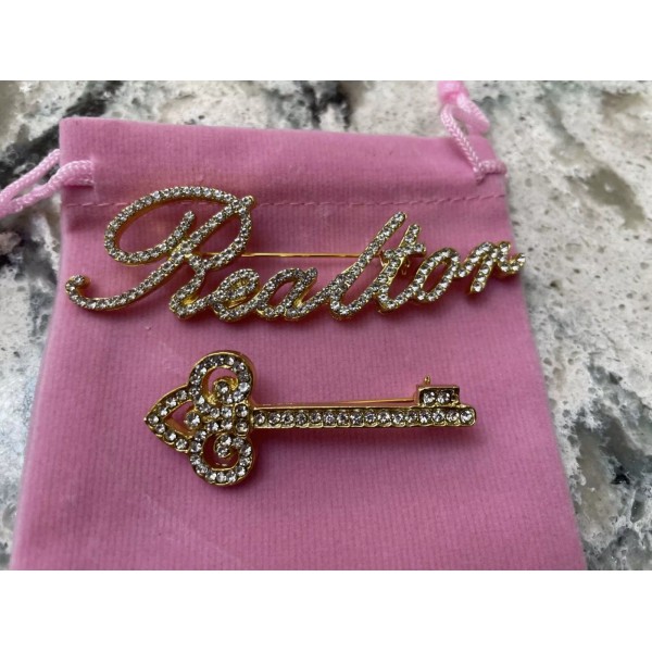 Unbranded Realtor and key Rhinestone brooch set Custom GOLD plated