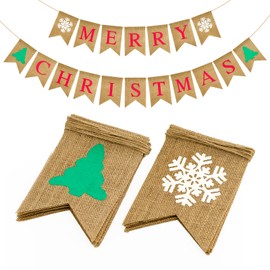 G2PLUS Merry Christmas Burlap Bunting Banner, Burlap Merry Christmas Banner with Snowflakes, Rustic Christmas Garland with 18 Flag Pennants, Christmas Hessian Bunting for Xmas Decoration