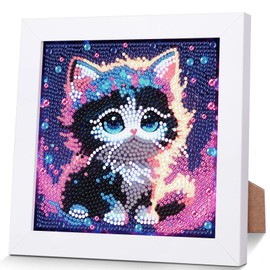 Cat Diamond Painting Children with Wooden Frame, Set Full Diamond Painting Pictures Children Animals, 5D Diamond Painting Children Girls, DIY Mosaic Making Arts Craft for Home Wall Decor 18 x 18 cm