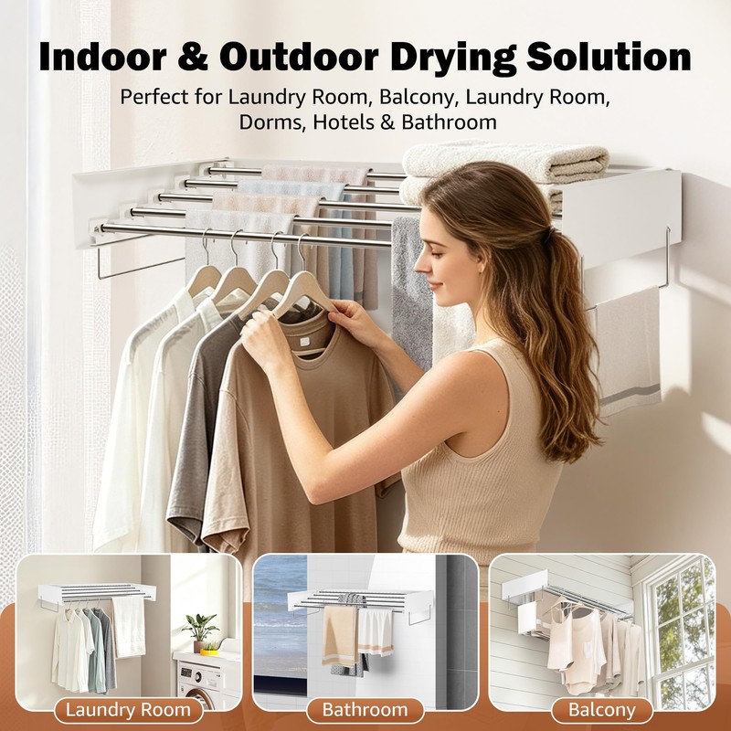 CAEXABO Wall Mount Drying Rack 32", 65LBS Retractable Clothes Rack,