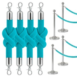 4PCS Tiffany Velvet Rope 5FT VIP Rope Barrier with Silver Hooks Thick Velvet Set 5 Foot for Crowd Control Stanchion Set Posts Party Decor