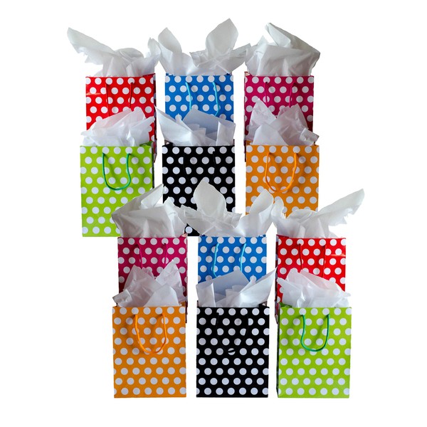 Daily Living Products Gift Bag for Birthday Party and Holiday Fun - Large Paper Gift Bags in Bulk of 12-2 Sets of 6 Bright Neon Colors with White Polka Dots - Goodie Bags and Party Favor Bags