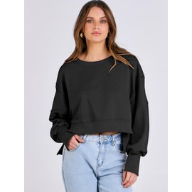 ANRABESS Womens Cropped Oversized Sweatshirts Crewneck Long Sleeve Pullover 2024 Fall Teen Girls Y2K Fashion Crop Tops Black Medium