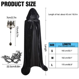 Powmag Black Cape with Hood Set, 140/150/170 cm Cape Velvet with Lace Mask and Gothic Finger Chain, Cape Vampire Costume Women Men Adult for Carnival Cosplay Costume (S)