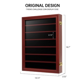 7 Rows Challenge Coin Holder Display Case with HD Tempered Glass Holds 100 coins, Wall-Mountable Military Shadow Box Cabinet with Removable 2-Groove Shelves for Medals and Casino Poker Chips, Mahogany