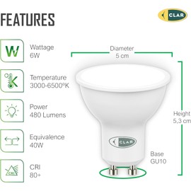 CLAR - 6W GU10 LED Bulb, GU10 LED Bulb, GU10 LED Spotlight, GU10 Cool White LED Bulb, GU10 Cool White LED Spotlight, 6000ºK (Pack of 10)