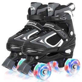 MammyGol Roller Skates for Boys Girls, 4 Sizes Adjustable Quad Skates for Kids with All Light up Wheels, Full Protection for Toddler's Indoor and Outdoor Play Black Ages 8-12 Large - Youth (5-8US)