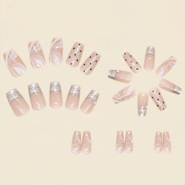 Short Press on Nails Coffin Fake Nails Black Dot Glitter Designs White Ribbon Glue on Nails Nude Nails Press ons Silver Lines French Tip False Nails Artificial Stick on Nails for Women 24Pcs