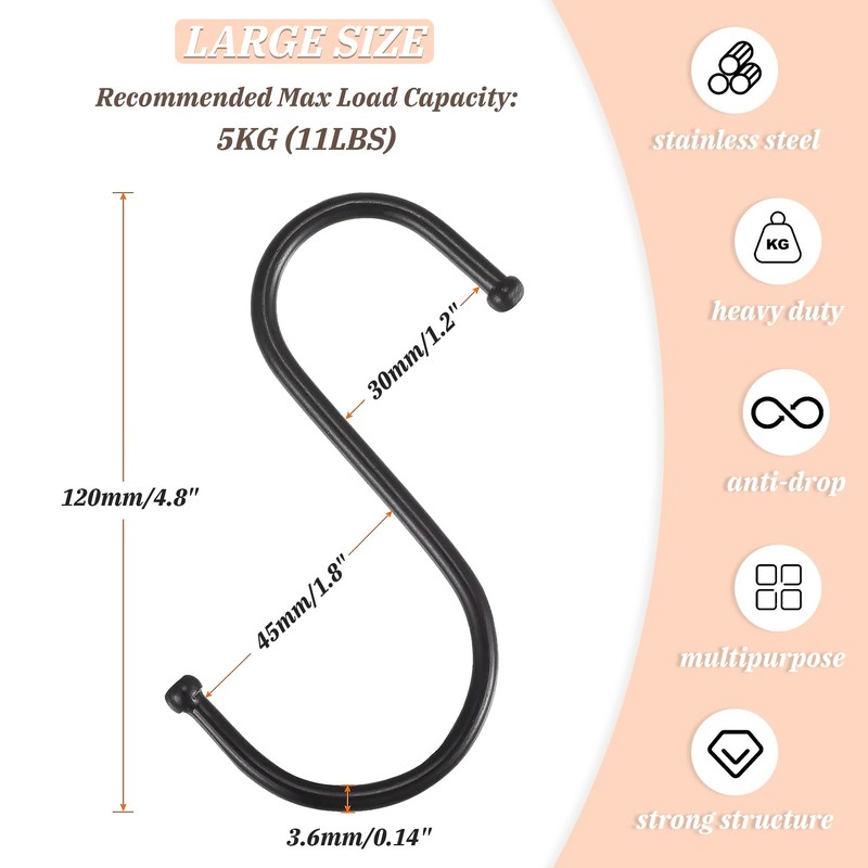 GEMMAHW 12CM Large S Hooks for Hanging (20-Pack), Black S