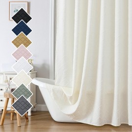 Lecloud Beige Fabric Shower Curtain 72x72 Inches, Clip Jacquard Farmhouse Plaid Striped Cloth Shower Curtain, Chic Tufted Hotel Bathroom Shower Curtain Sets with 12 Hooks