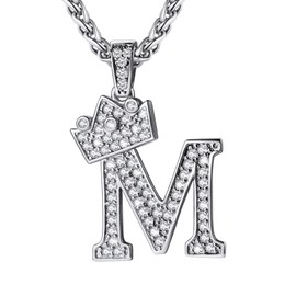 U7 Alphabet A-Z Letter Pendant Men Women Stainless Steel Chain Bling Diamond Iced Out Crown Initial M Necklace 22-24 Inch