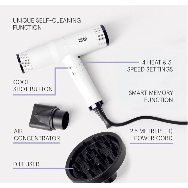 BondiBoost Sonic Dryer: Fast Lightweight Quiet 4 Temp 3 Speeds