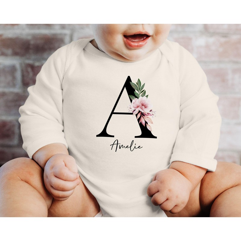 SpecialMe® Baby Body personalisiert mit Name Monogramm Blüten Anfangsbuchstabe anpassbar