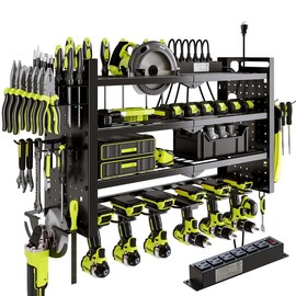 Tool Organizer Wall Mount with óPower Strip,Cordless Tool shelf 6 Drill Holder4 Layers Storage Rack for Garage, EffortlessAssembly - Color: Black