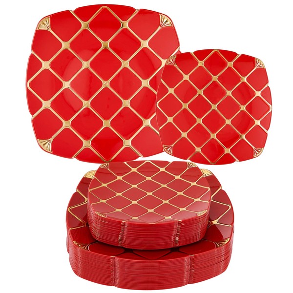 N9R 50pcs Red Plastic Plates, Premium Heavy Duty Plastic Plates Includes 25 Dinner Plates 10.25”, 25 Dessert Plates 7.5”, Perfect for Party Wedding