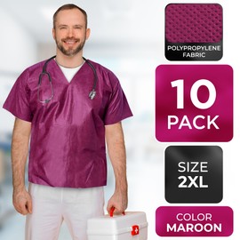EZGOODZ Maroon Disposable Shirts Medical, Large. Pack of 10 Polypropylene Disposable Scrub Shirt. Relaxed Fit Scrubs Shirt. Medical Grade Scrub Shirts with Seamless Neckline, No Pockets
